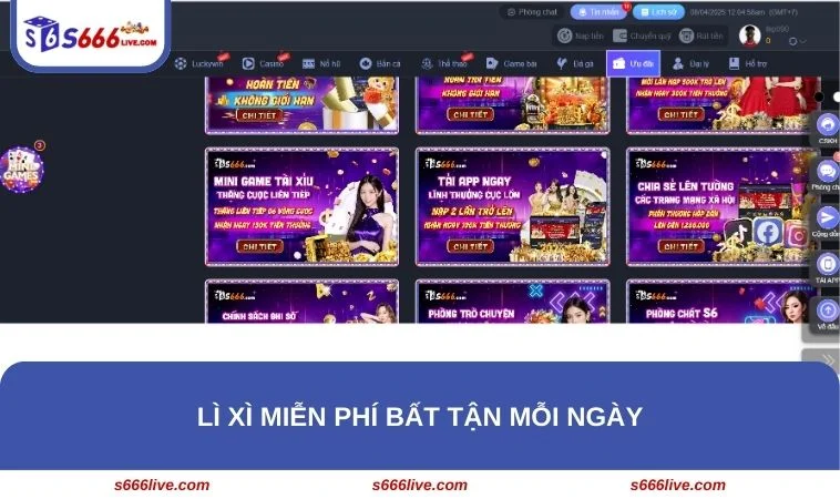 Khuyến Mãi S666 252 S666 lì xì miễn phí lộc bất tận hưởng mỗi ngày